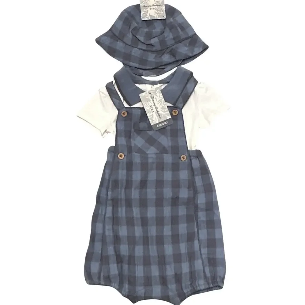 Tommy Bahama Baby Boy 3 Piece Set 18M Blue Plaid Overall Romper Bodysuit Hat NWT